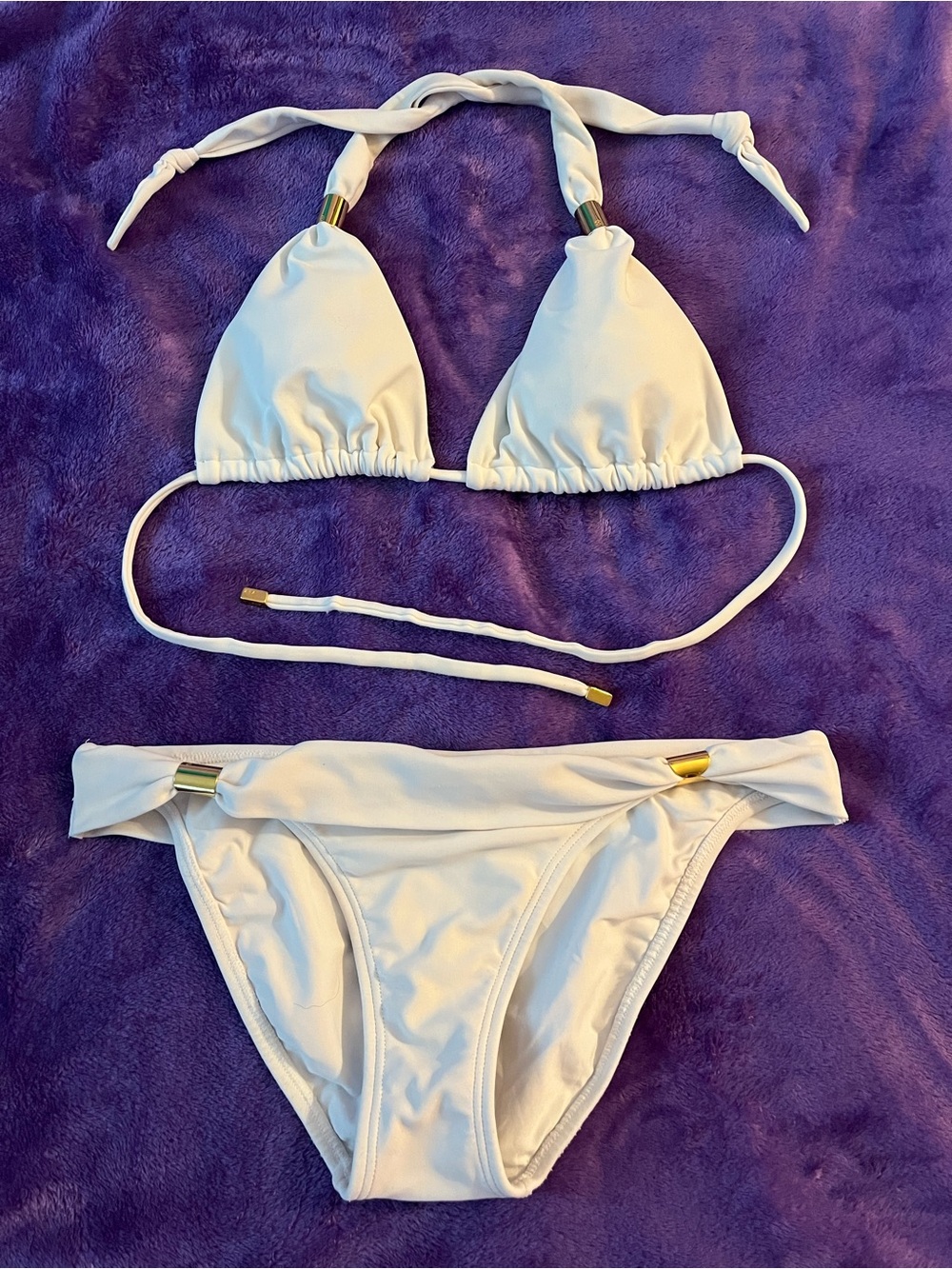 White Halter Triangle Bikini Set with Gold Accents - Women
